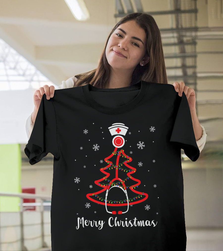 Merry Christmas Stethoscope Nurse Tree Snowflakes T-Shirt