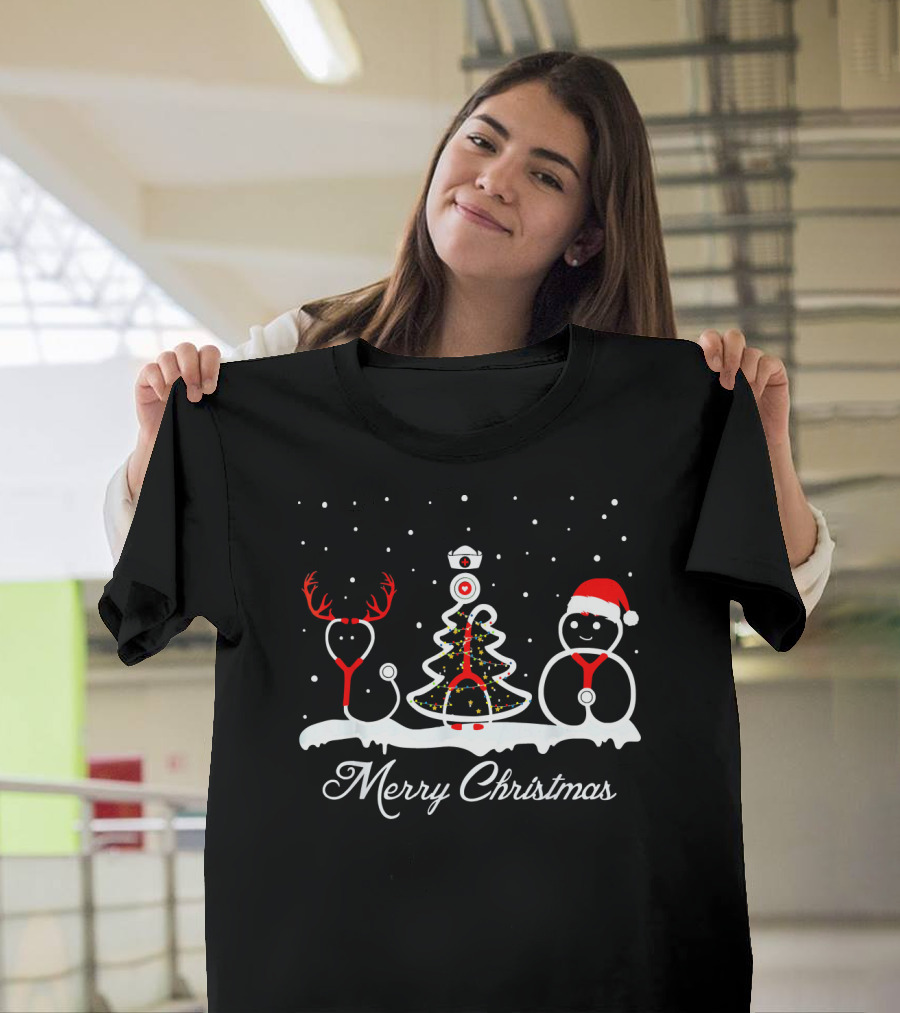 Merry Christmas Stethoscope Reindeer Horn Xmas Tree Snowman Snow T-Shirt