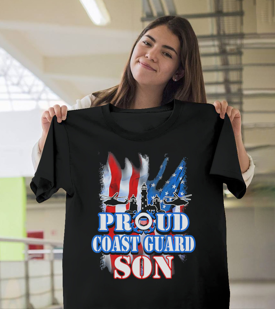 Proud Coast Guard Son USA Flag Helicopters Lighthouse T-Shirt