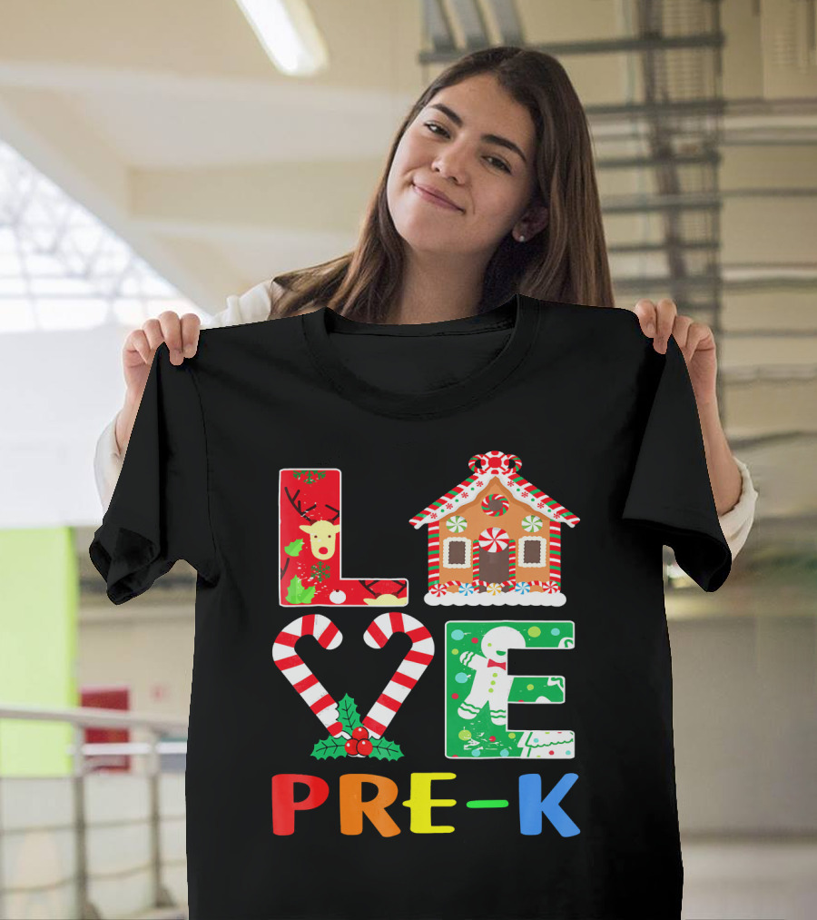 Love Pre K Candy Cane Heart Gingerbread Christmas T-Shirt
