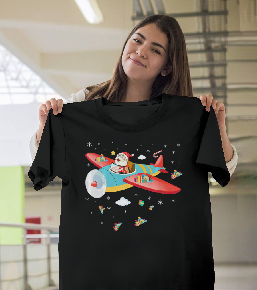 Santa Claus Flying Airplane with Christmas Gifts and Stars T-Shirt