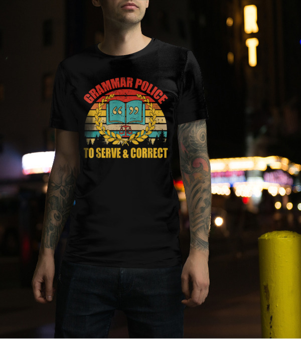 Grammar Police To Serve And Correct Open Book Laurel Scales Retro Stripes T-Shirt