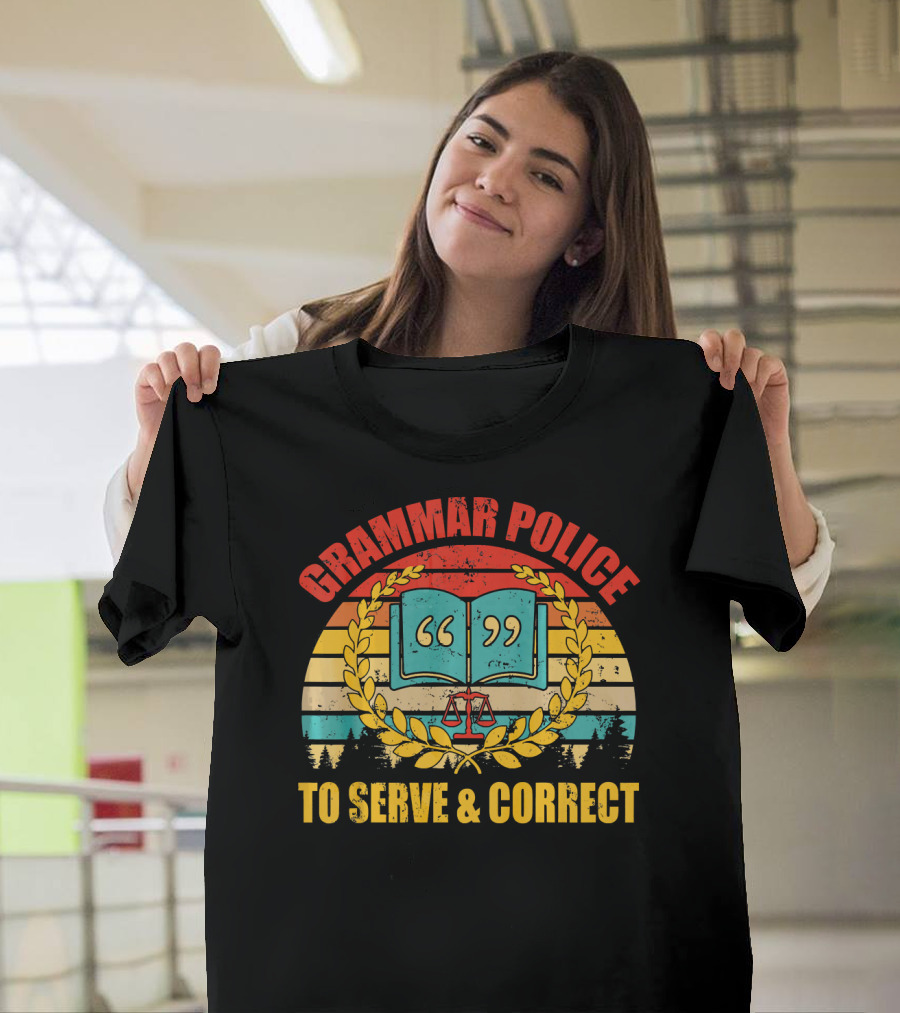 Grammar Police To Serve and Correct Open Book Laurel Scales Retro Stripes T-Shirt