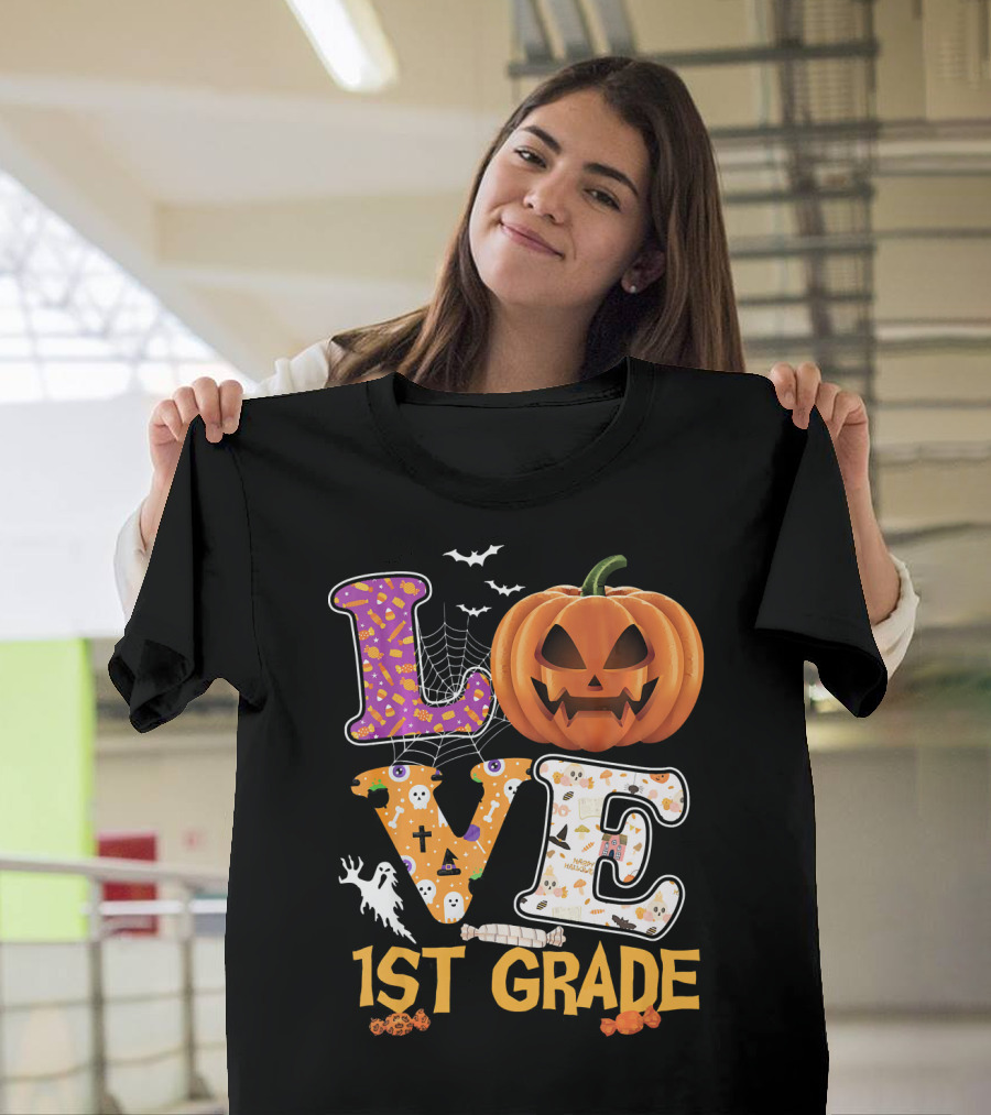 Halloween Love Pumpkin 1st Grade Teacher Ghost Spider Web T-Shirt