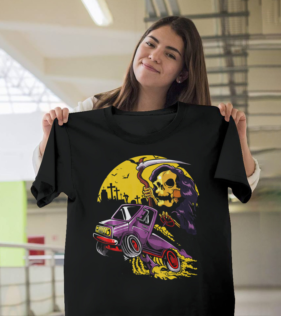 Grim Reaper Trucker Skeleton Driving Purple Truck in Cemetery T-Shirt