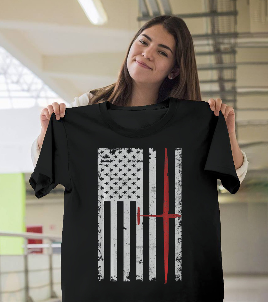 Distressed American Flag with Red Glider Sailplane Pilot T-Shirt