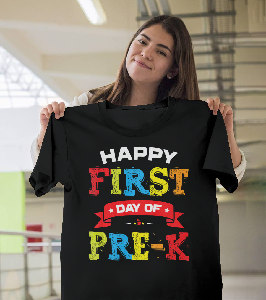 Happy First Day of Pre-K Colorful Chalkboard Teacher T-Shirt