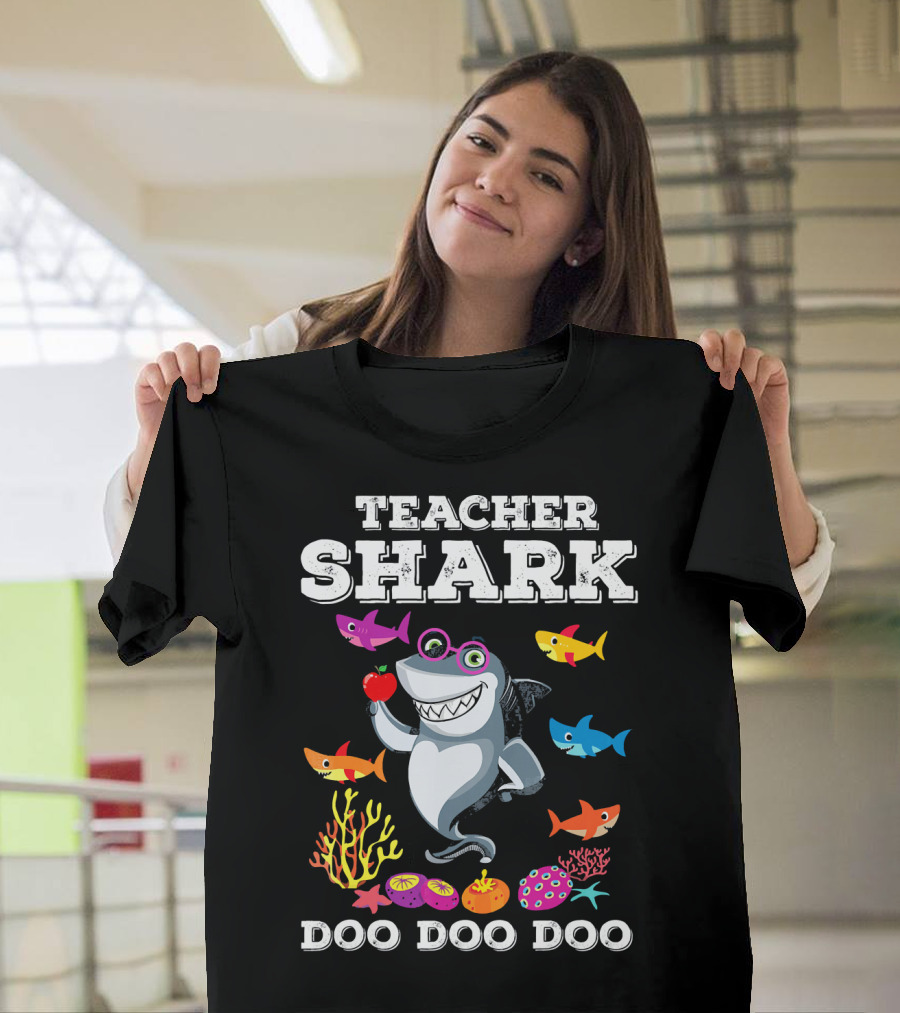 Teacher Shark Doo Doo Doo Funny Graphic with Colorful Fish and Coral T-Shirt