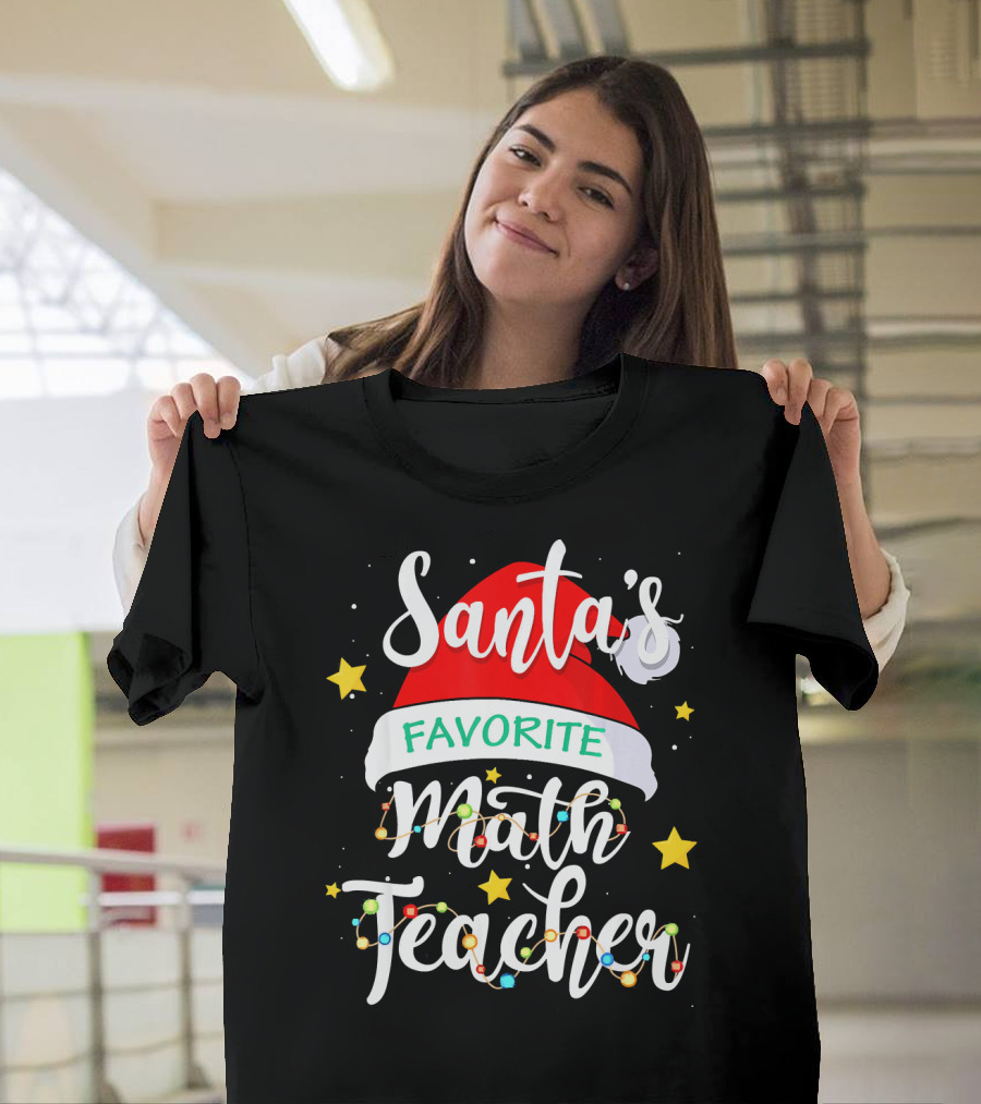 Santa's Favorite Math Teacher Xmas Costume with Santa Hat and Stars T-Shirt