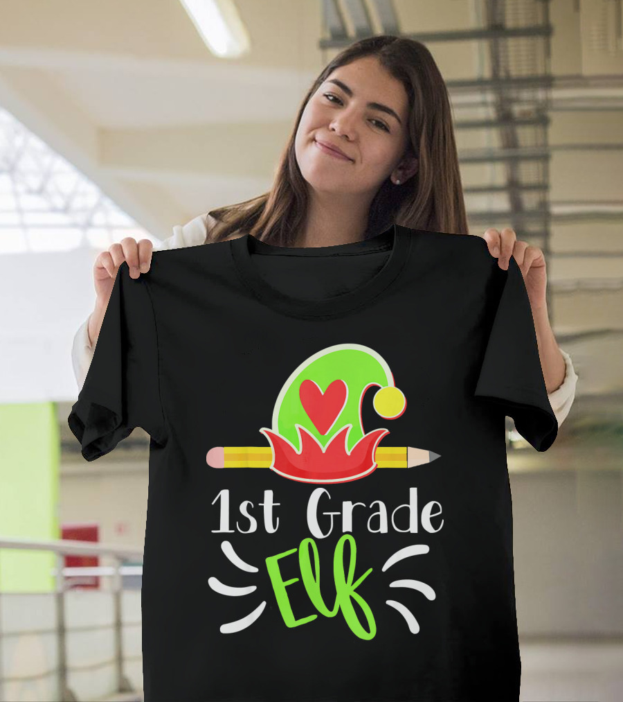 1st Grade Elf Funny Christmas Holiday Pencil Hat Heart T-Shirt