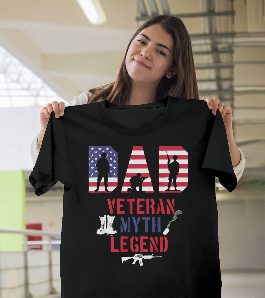 Dad Veteran Myth Legend American Flag Silhouettes with Boots Rifle and Spoon T-Shirt