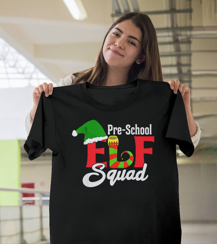 Pre-School Elf Squad Christmas Teacher Holiday Hat and Stocking T-Shirt