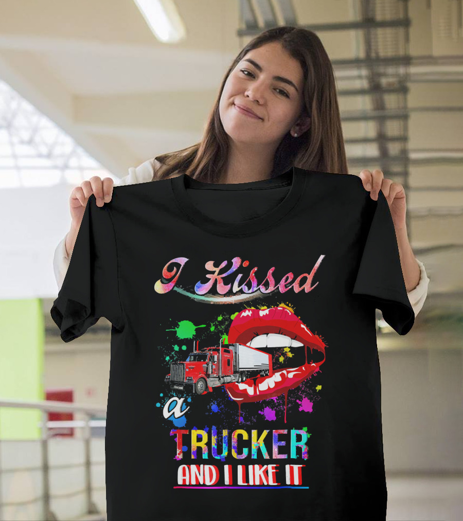 I Kissed a Trucker and I Like It with Colorful Lips and Red Truck T-Shirt
