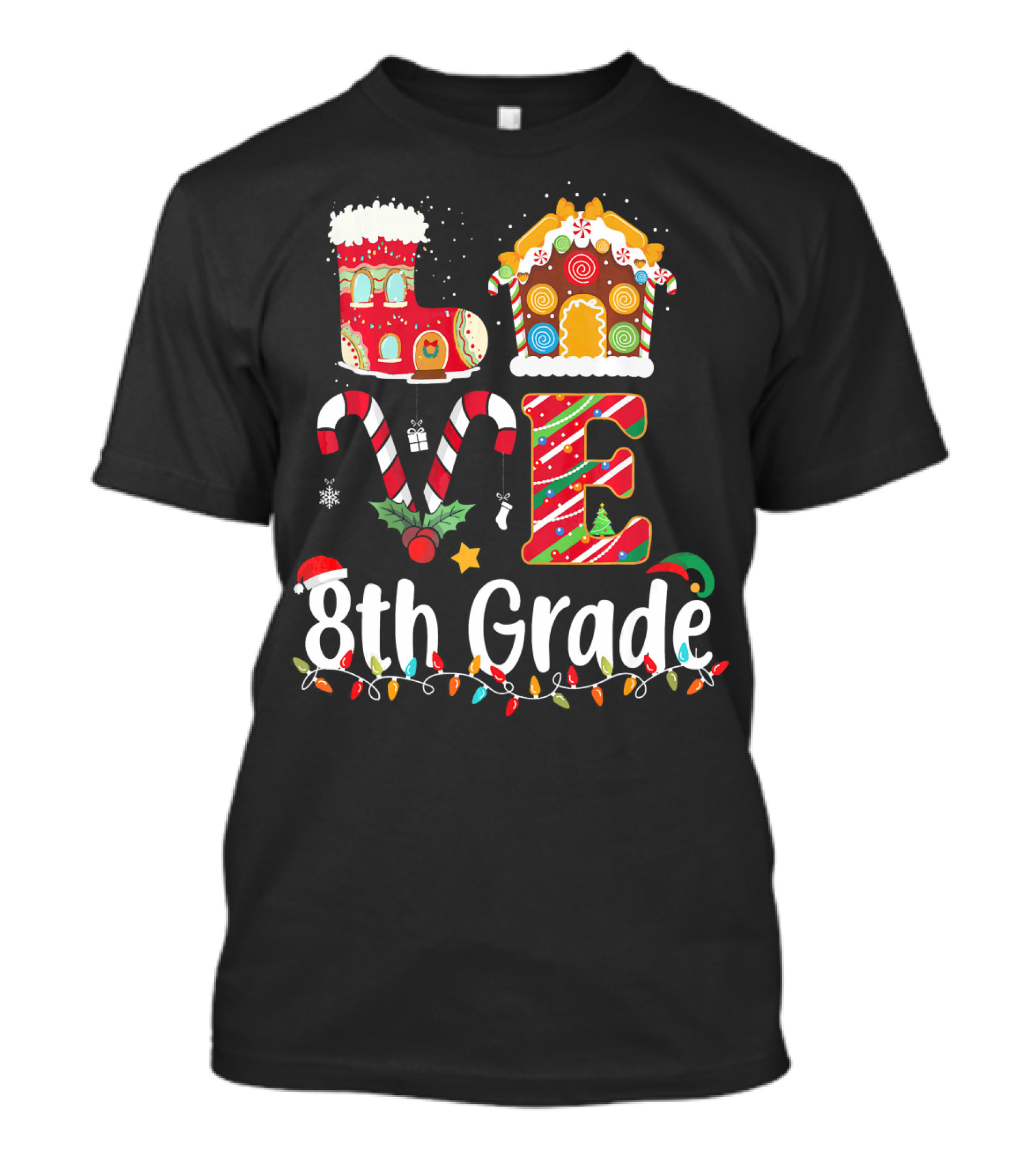 Christmas Candy Cane Gingerbread Love 8th Grade Holiday Lights T-Shirt