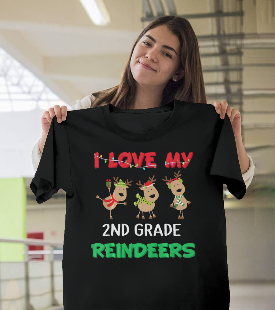 I Love My 2nd Grade Reindeers Christmas Lights and Funny Teach T-Shirt