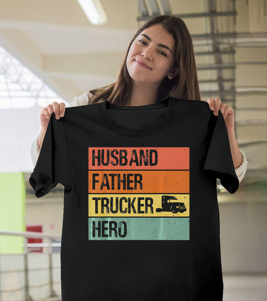 Husband Father Trucker Hero Retro Stripes Truck T-Shirt