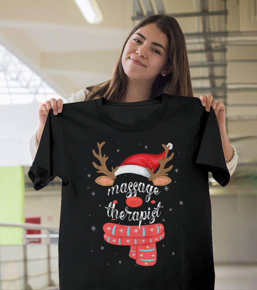 Massage Therapist Reindeer Santa Hat Festive Scarf Snowflakes T-Shirt