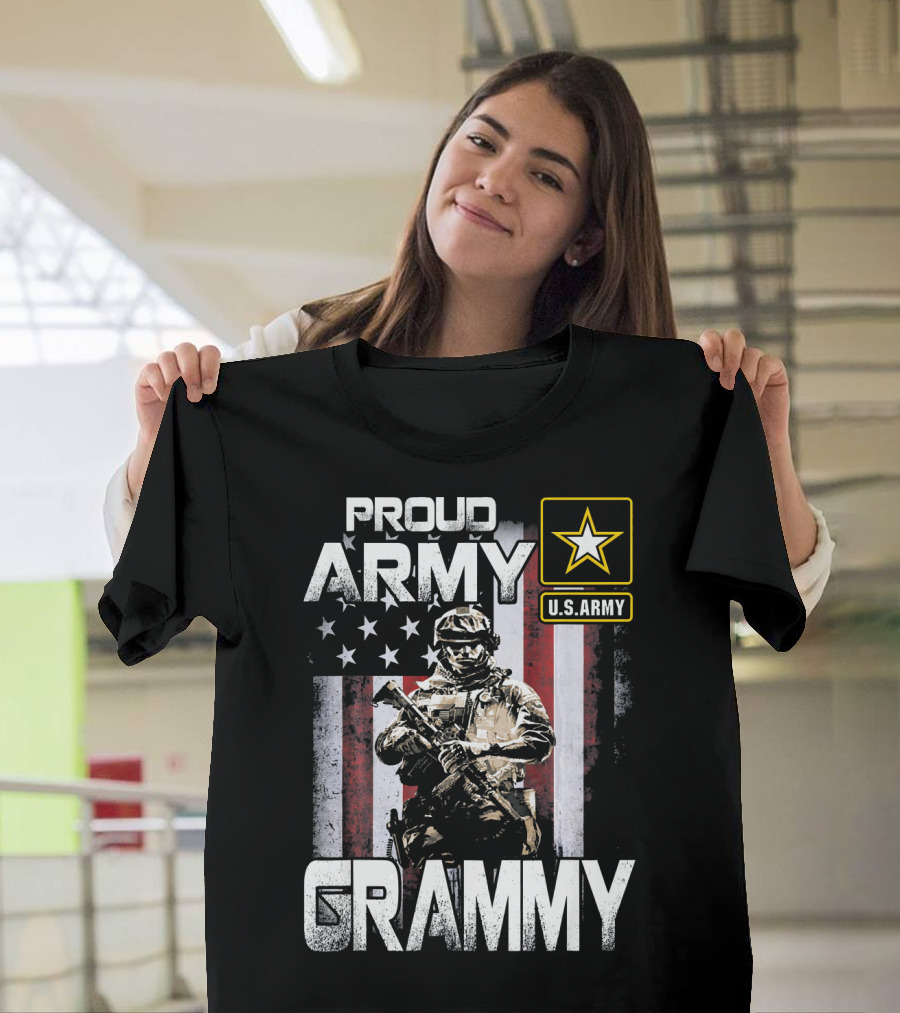 Proud Army Grammy U.S. Army Military Soldier with American Flag Background T-Shirt