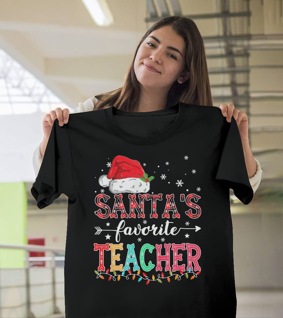 Santa's Favorite Teacher Christmas Lights Santa Hat Snowflakes T-Shirt