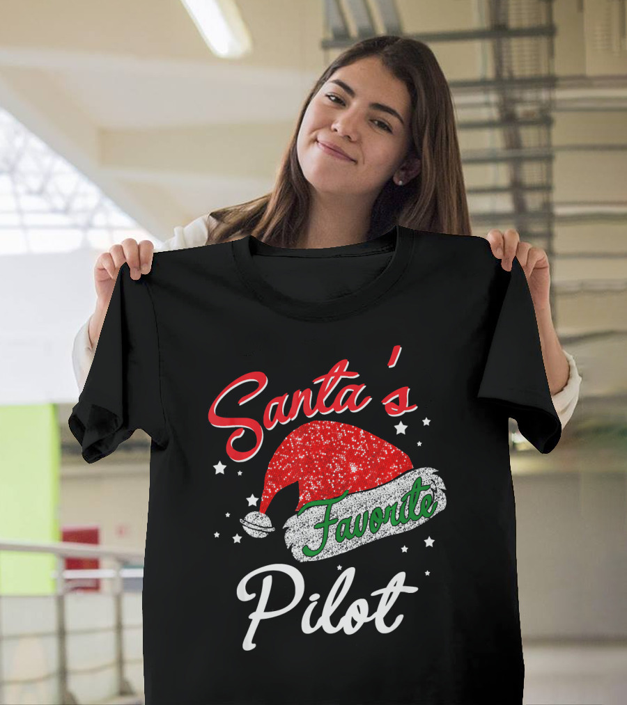 Santa's Favorite Pilot Santa Hat Stars Snowflakes T-Shirt