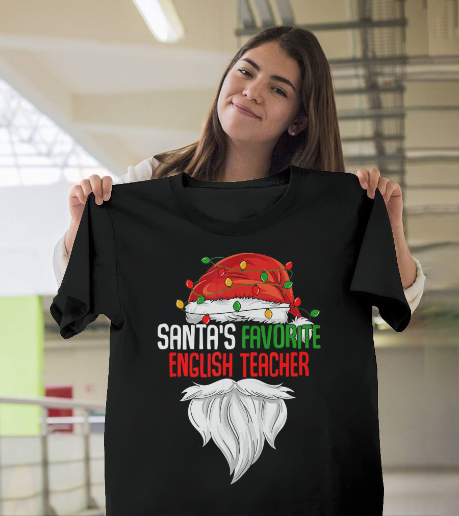 Santa's Favorite English Teacher Christmas Lights Santa Hat and Beard T-Shirt