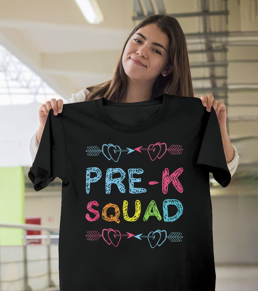 Pre K Squad Colorful Heart Arrows Preschool Teacher Back T-Shirt