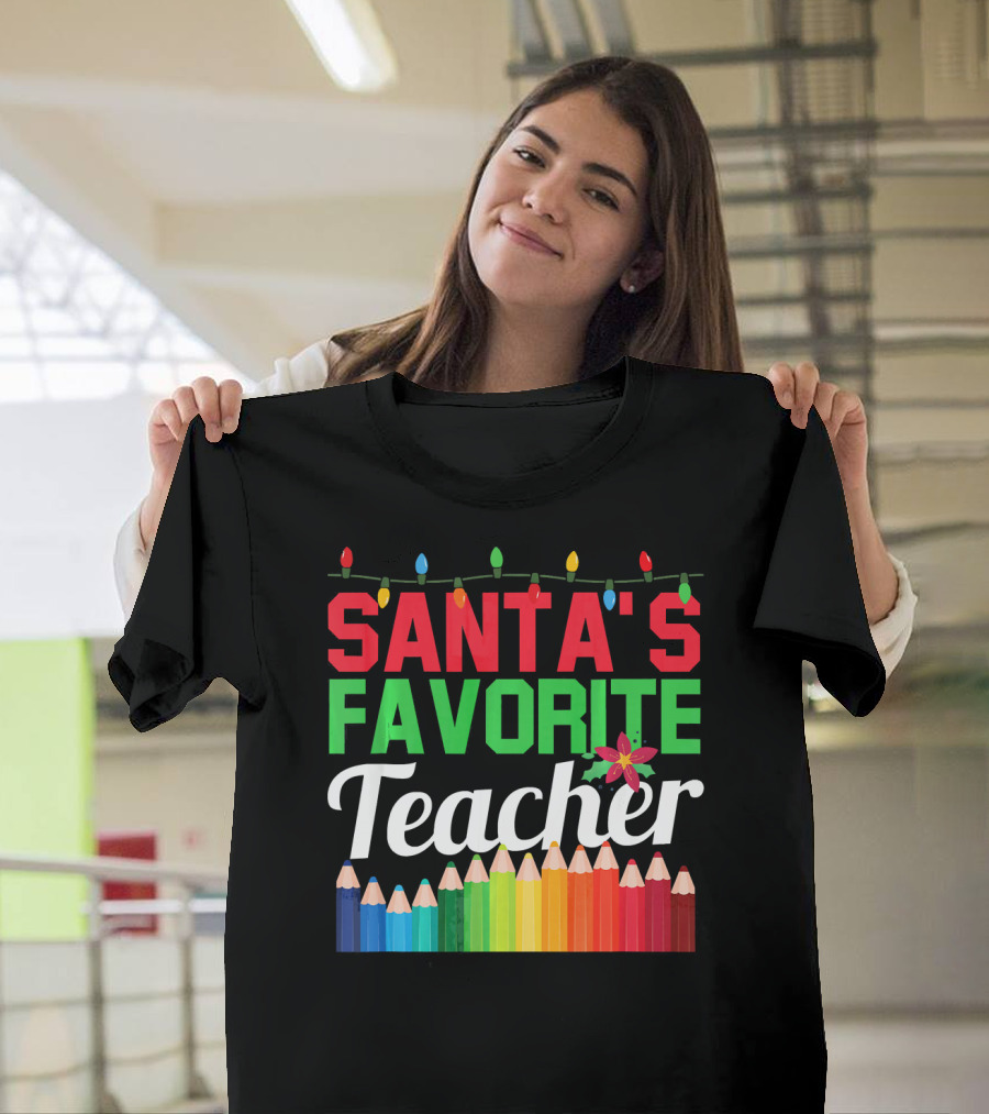 Santa's Favorite Teacher Christmas Lights Pencil Rainbow T-Shirt