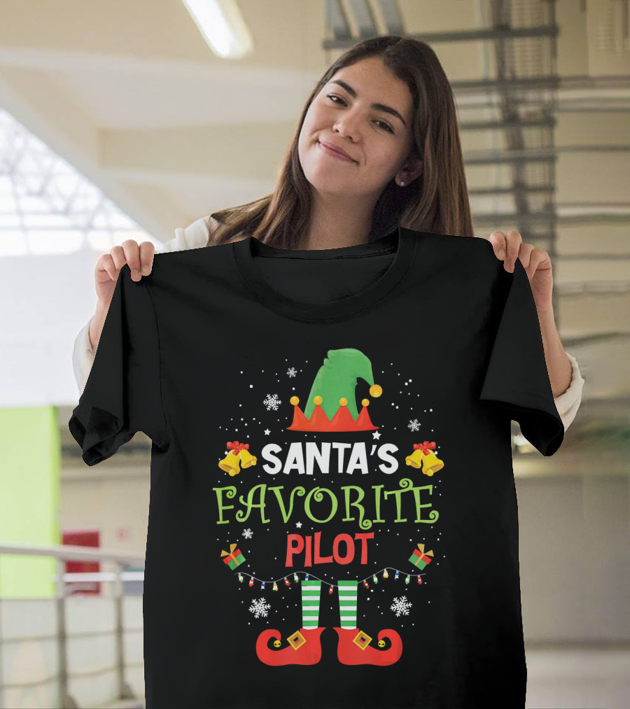 Santa's Favorite Pilot Elf Christmas Hat and Shoes Festive T-Shirt