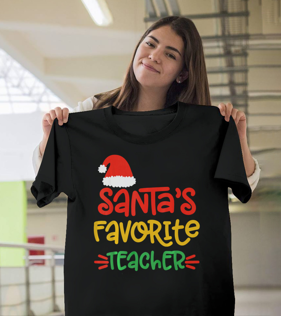 Santa's Favorite Teacher Christmas Hat Funny Teacher T-Shirt