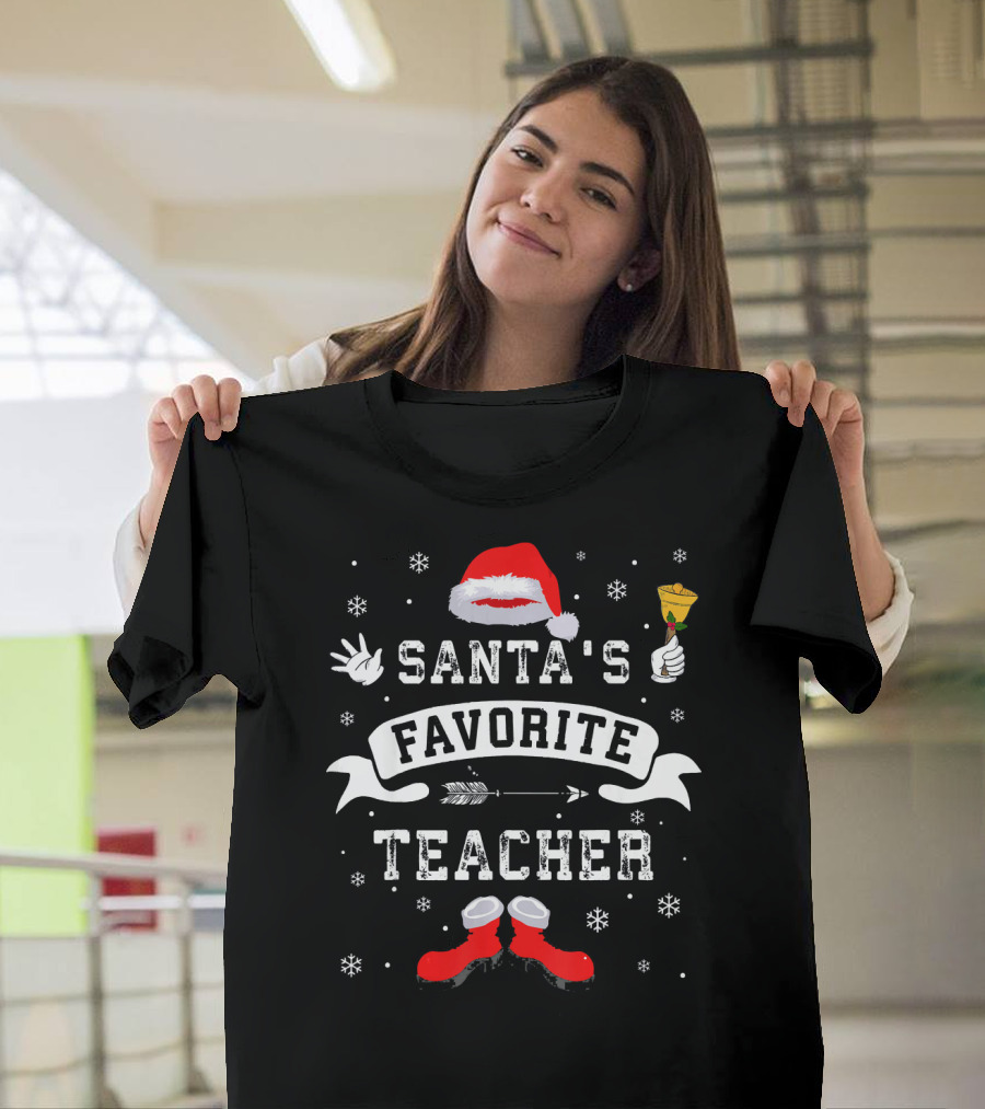 Santa's Favorite Teacher Christmas Fun Hat Snowflakes Bell Boots T-Shirt
