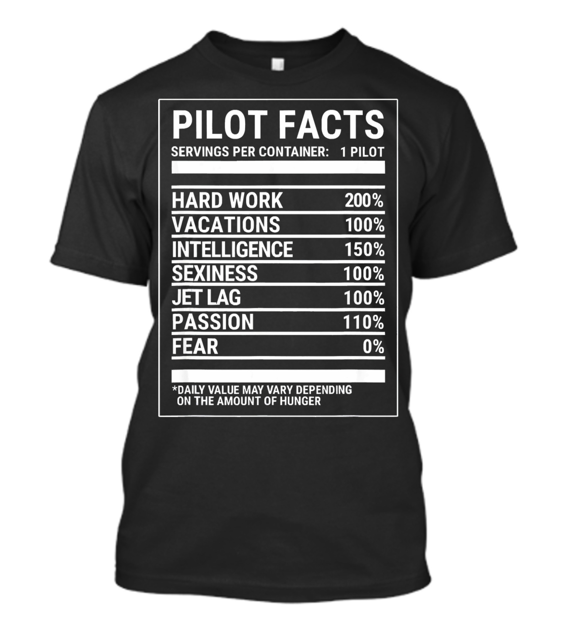 Pilot Facts Nutritional Values Hard Work Intelligence Passion Jet Lag Humor T-Shirt