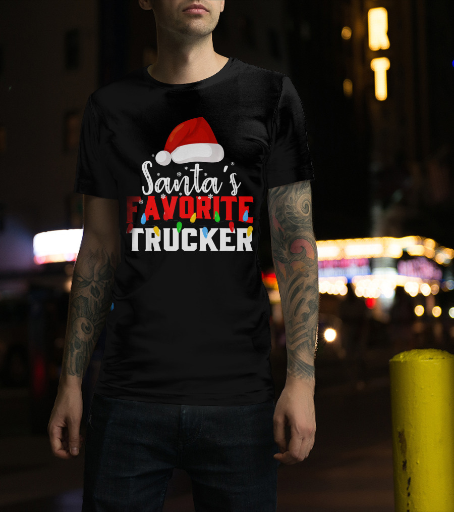 Santa's Favorite Trucker Christmas Hat And Lights T-Shirt