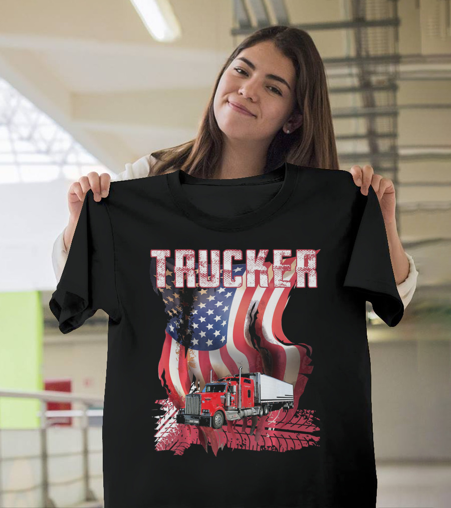 Trucker Red Truck American Flag Tire Treads T-Shirt