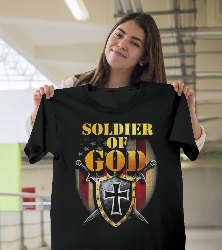 SOLDIER OF GOD American Flag Shield with Cross and Swords T-Shirt