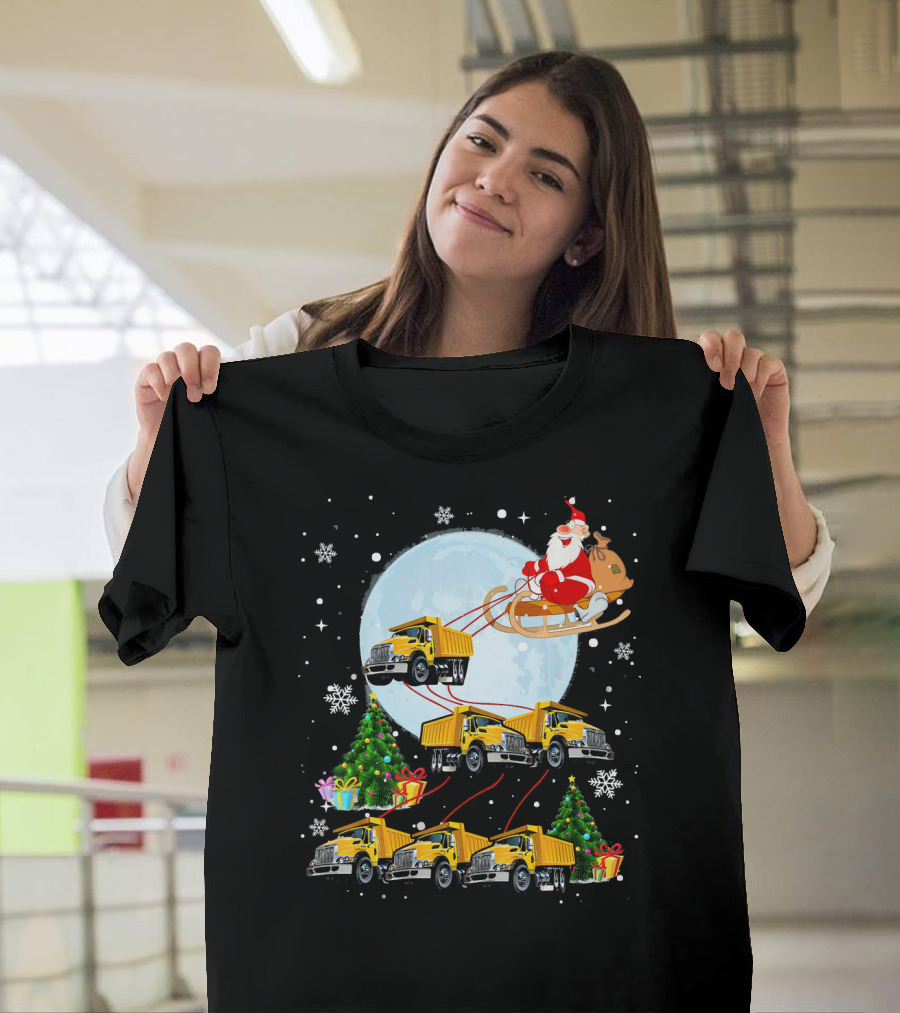 Santa Sleigh Reindeer Replacement with Dump Trucks Christmas Scene T-Shirt