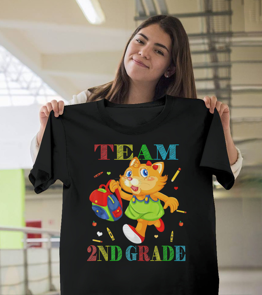 Team 2nd Grade Cute Cat Backpack Crayons T-Shirt