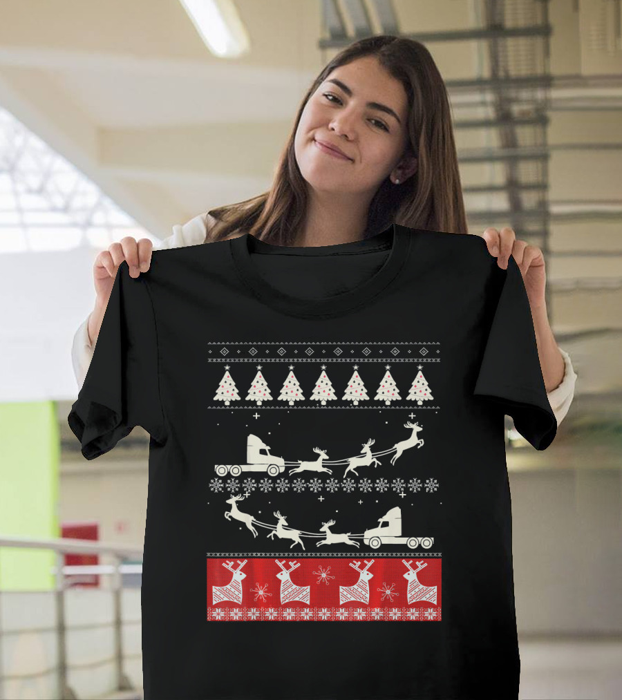 Christmas Trucker Santa Sleigh Ugly Sweater with Reindeer and Trees T-Shirt
