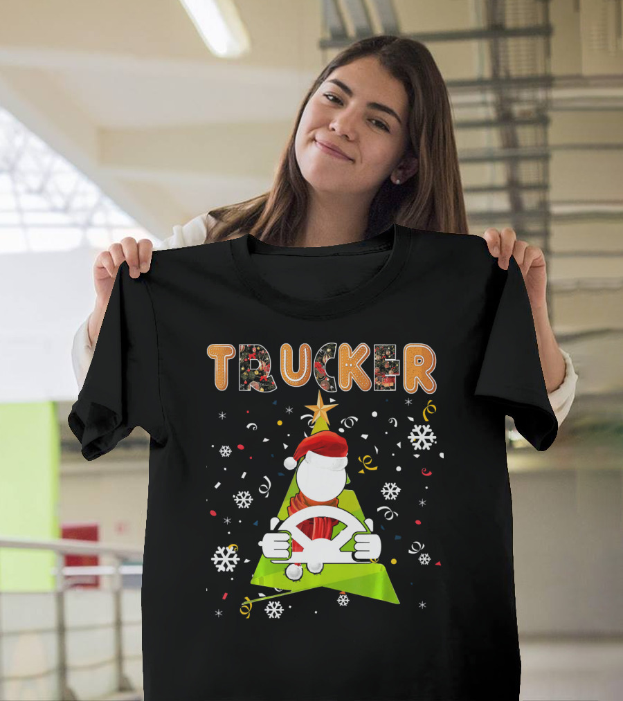 Trucker Christmas Tree Gingerbread Santa Steering Wheel Snowflakes T-Shirt