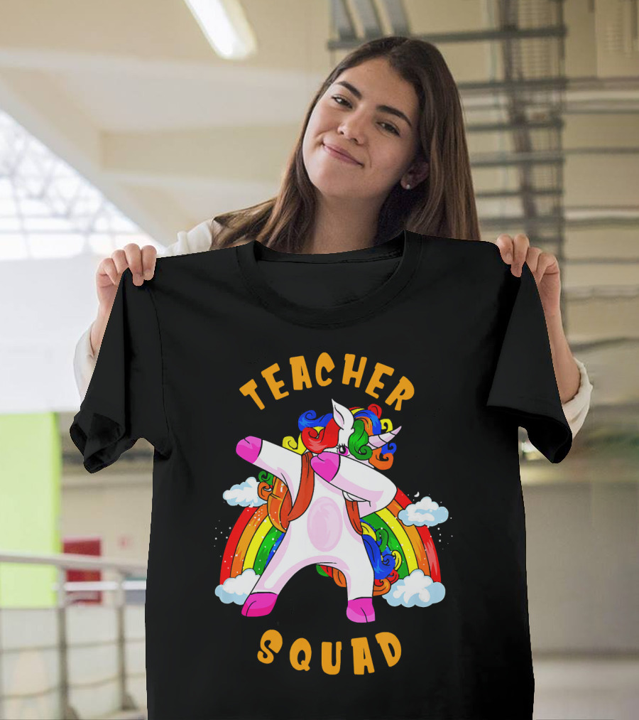Teacher Squad Dabbing Unicorn Rainbow Clouds T-Shirt