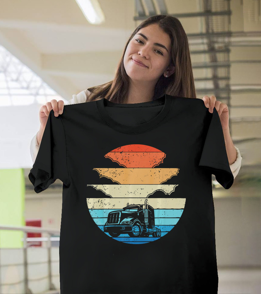 Trucker Pride Trucking Lover Vintage Semi Truck Retro Sunset T-Shirt