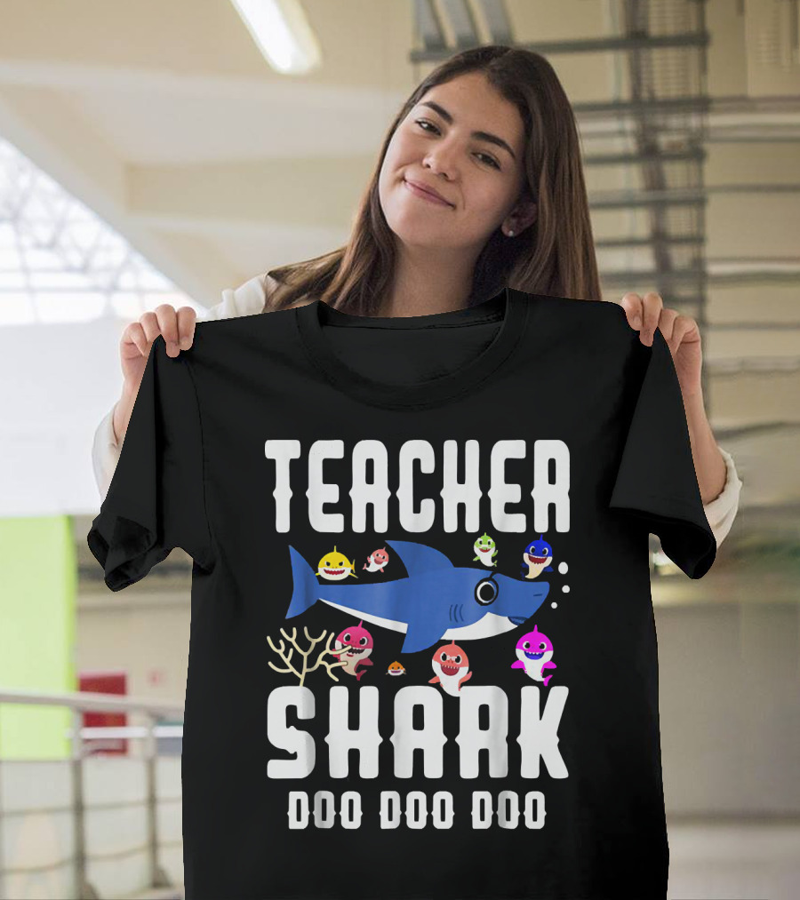 Teacher Shark Doo Doo Doo with Cartoon Sharks and Coral Scene T-Shirt