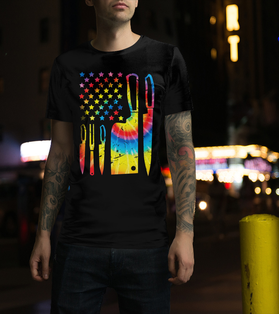 Tie Dye Chef Knife Set American Flag Stars T-Shirt
