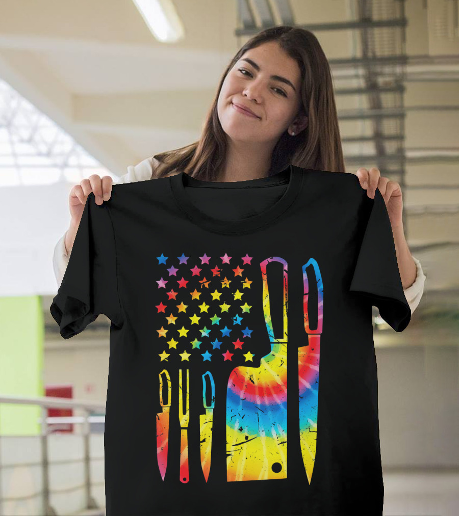 Tie Dye Chef Knife Set American Flag Stars T-Shirt