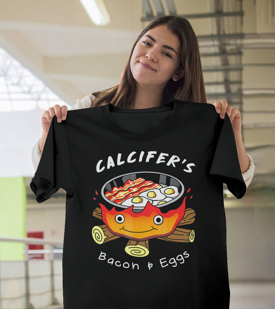 Calcifer's Bacon and Eggs Breakfast with Smiling Flame Cooking Fire T-Shirt