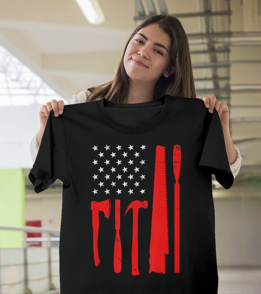 American Flag Stars and Red Woodworking Tools for Fourth of July T-Shirt