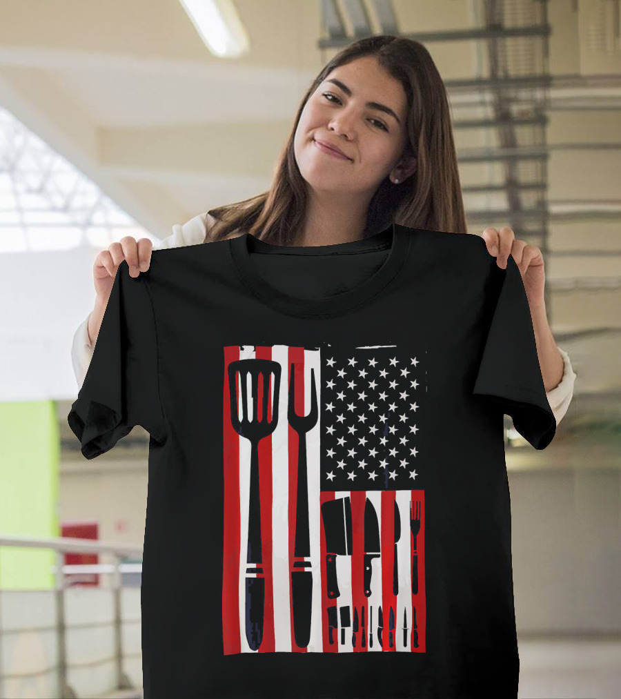 Patriotic Chef Knives Cooking Utensils USA Flag T-Shirt