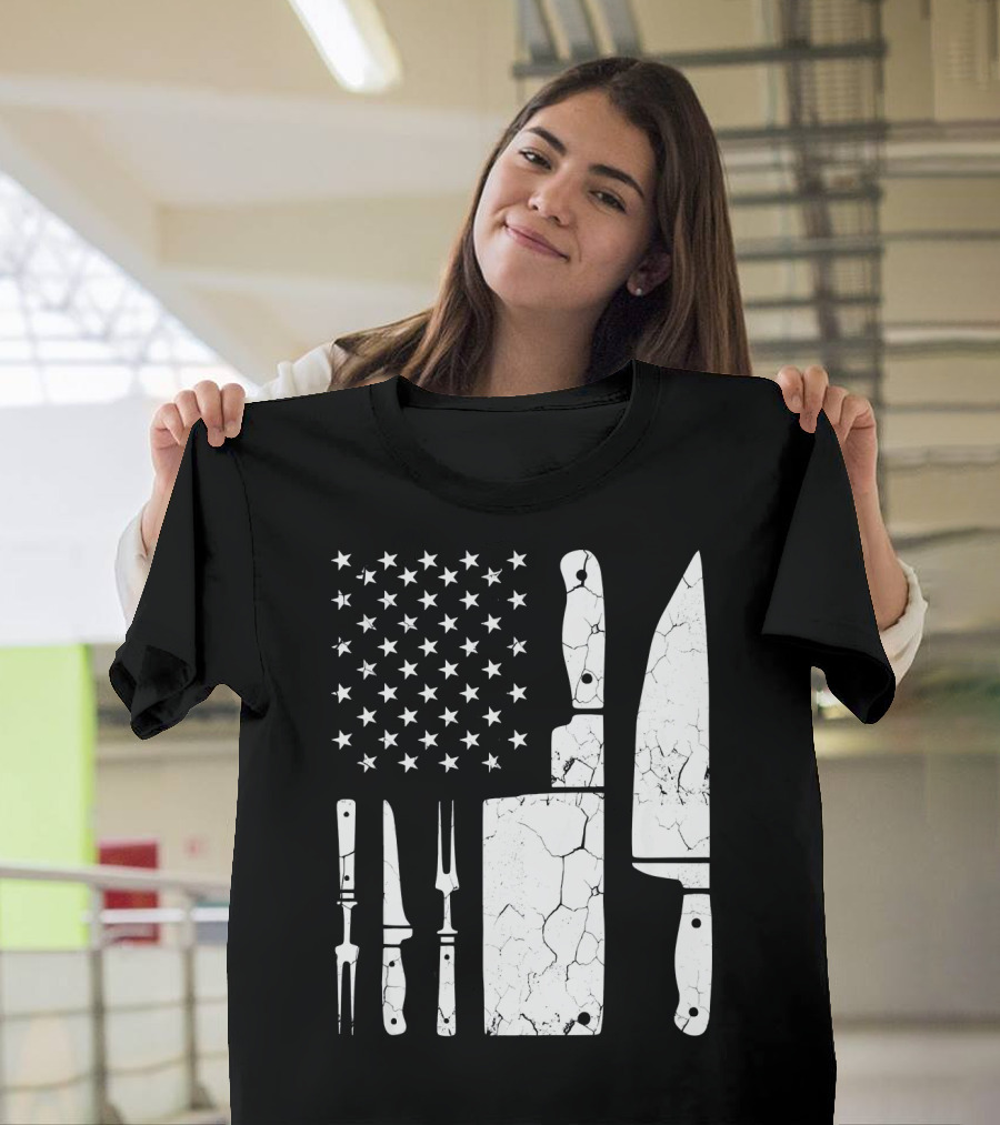 Chef Cooking American Flag Vintage Culinary Knives T-Shirt