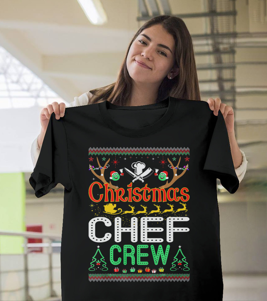 Christmas Chef Crew Reindeer Elves Sleigh Trees T-Shirt