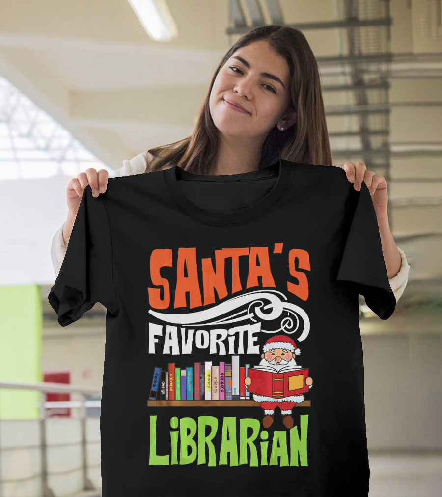 Santa's Favorite Librarian with Bookshelves and Santa Claus T-Shirt