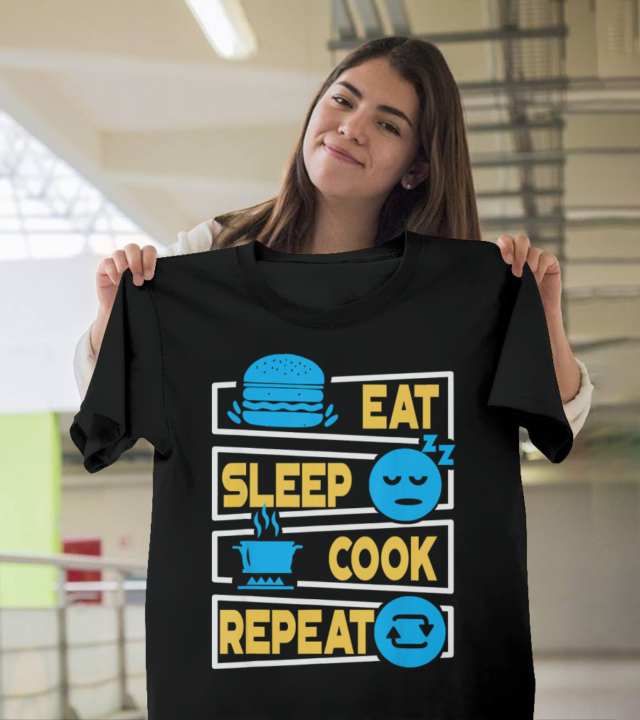 Eat Sleep Cook Repeat Cooking Burger Pot Iconography T-Shirt